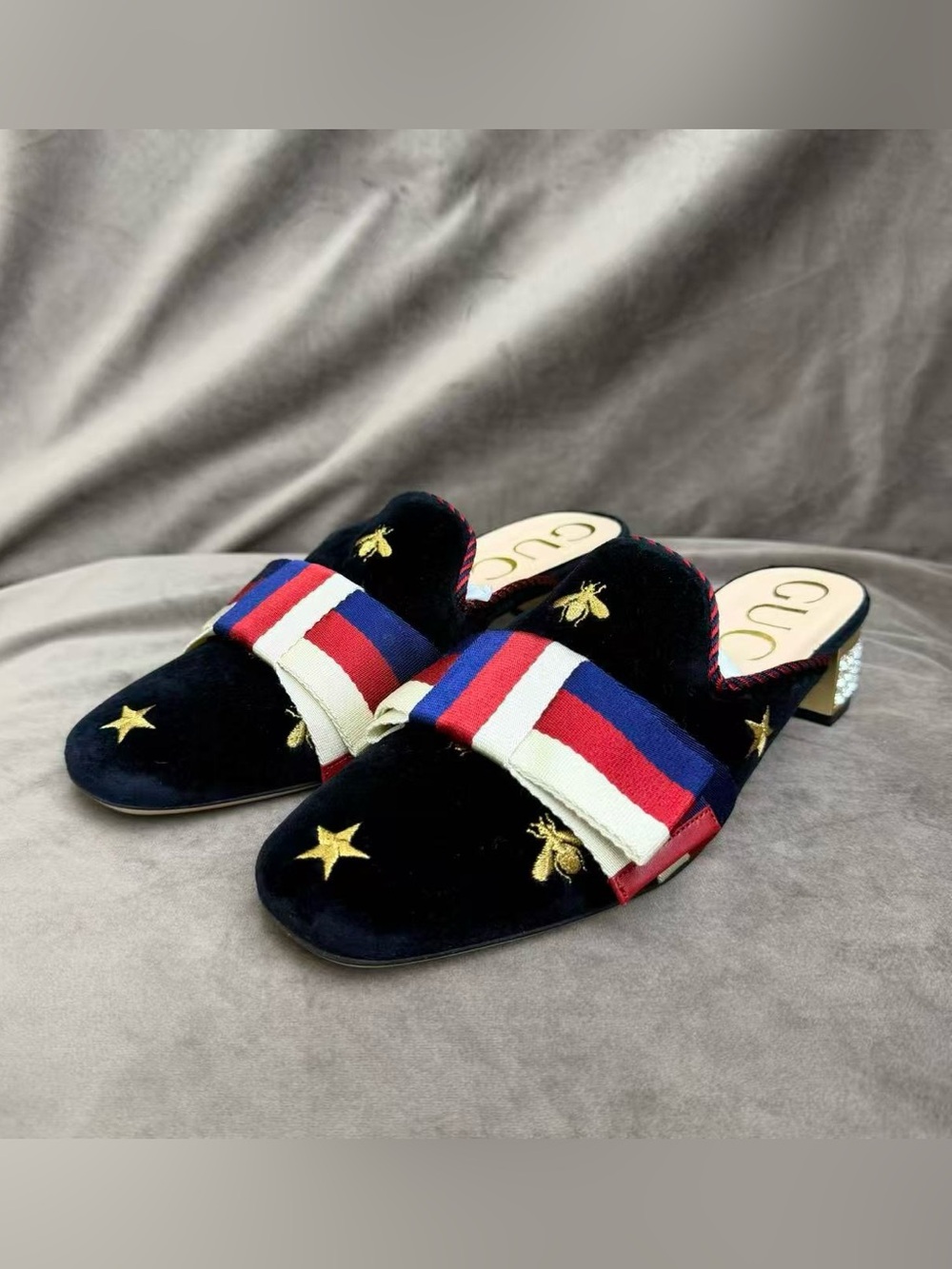 Gucci Black Velvet Embroidered Bee & Star Slip-On Mules with Red-White-Blue Web